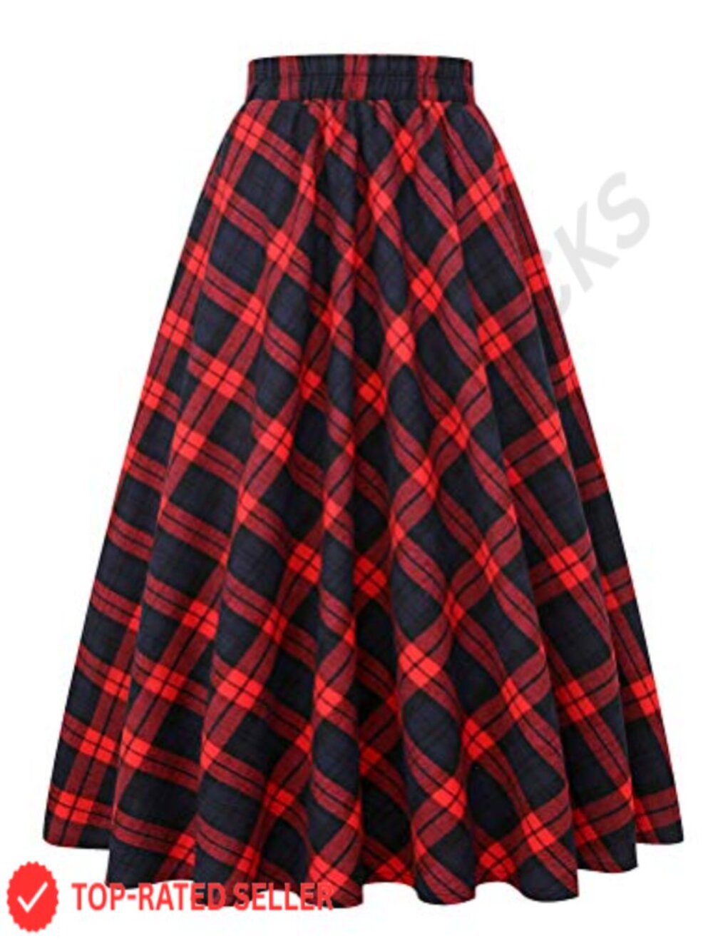 Plaid A-Line Midi Skirt High Waist Elastic Cotton Pleated